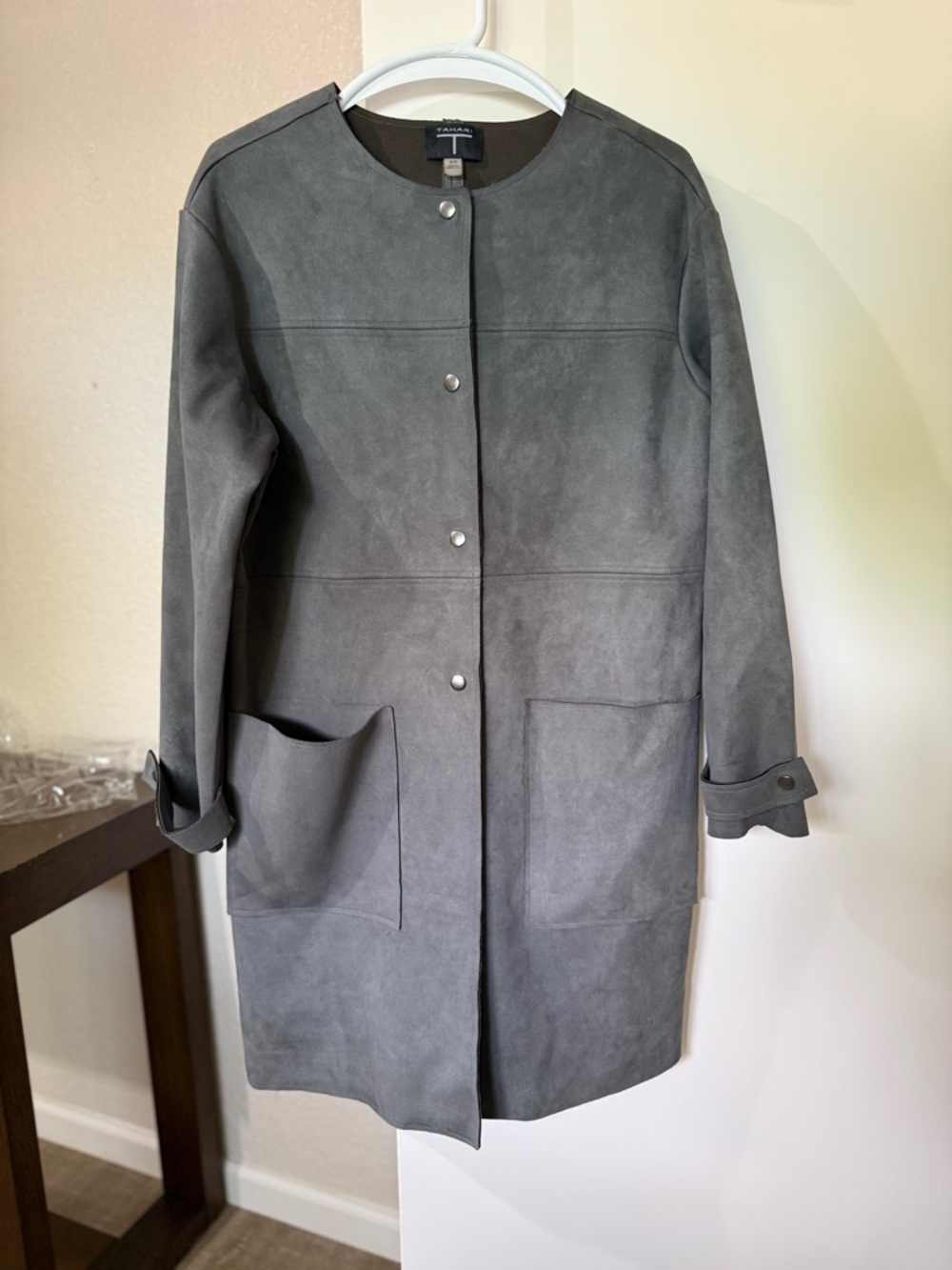 Tahari Faux Suede Open Front Midi Jacket